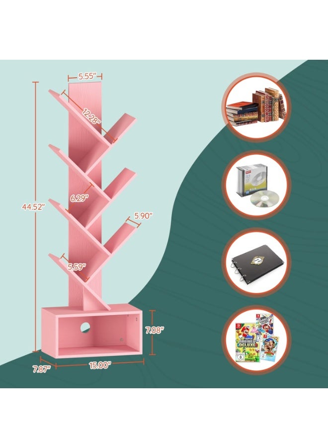 Yoobure Tree Bookshelf - 6 Shelf Retro Floor Standing Bookcase, Tall Wood Book Storage Rack for CDs/Movies/Books, Utility Book Organizer Shelves for Bedroom, Living Room, Home Office Pink - Image 3